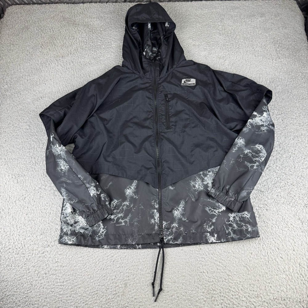 Nike International Jacket Womens Large‎ Black Print Hooded Windbreaker Running